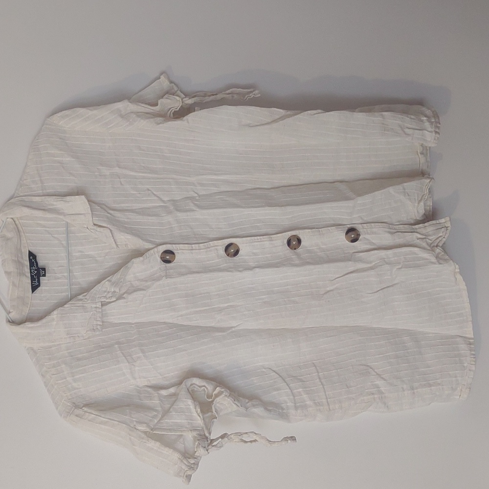 Linen beige blouse with tie off sleeves